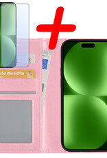 BASEY. Hoes Geschikt voor iPhone 15 Hoesje Bookcase Hoes Flip Case Book Cover Met Screenprotector - Hoesje Geschikt voor iPhone 15 Hoes Book Case Hoesje - Lichtroze