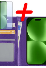 BASEY. Hoes Geschikt voor iPhone 15 Hoesje Bookcase Hoes Flip Case Book Cover Met Screenprotector - Hoesje Geschikt voor iPhone 15 Hoes Book Case Hoesje - Paars