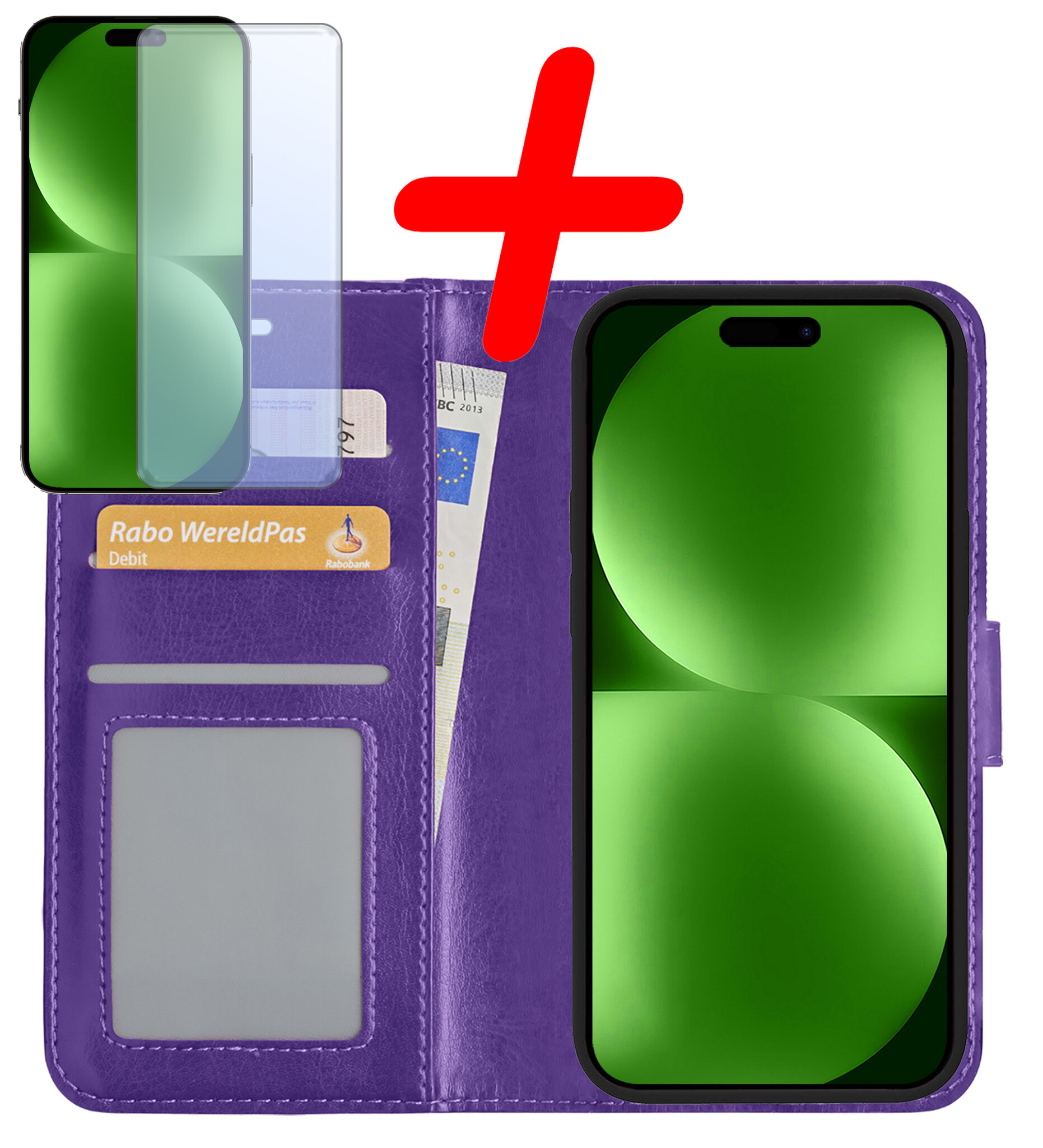BASEY. Hoes Geschikt voor iPhone 15 Hoesje Bookcase Hoes Flip Case Book Cover Met Screenprotector - Hoesje Geschikt voor iPhone 15 Hoes Book Case Hoesje - Paars