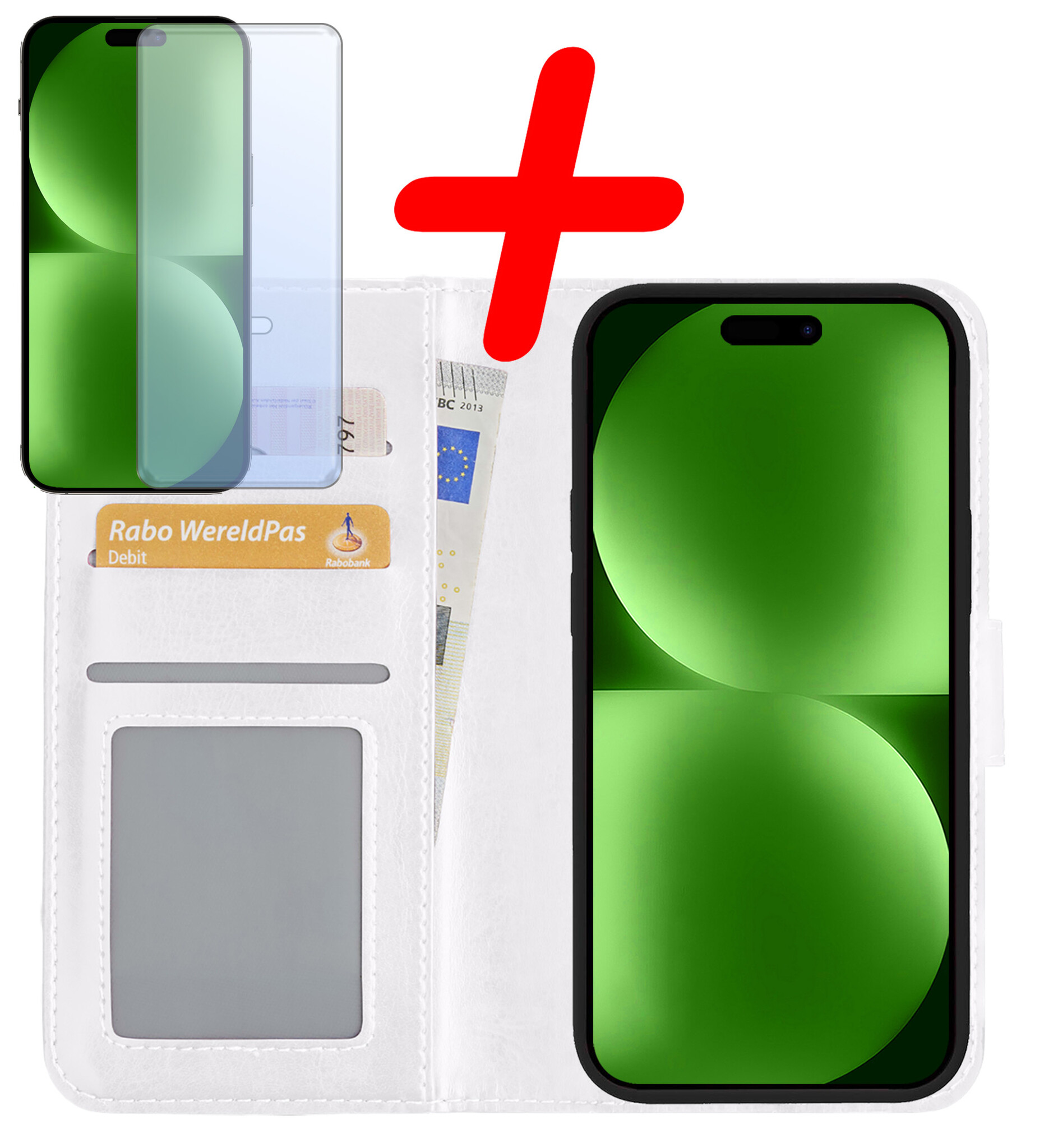 BASEY. Hoes Geschikt voor iPhone 15 Hoesje Bookcase Hoes Flip Case Book Cover Met Screenprotector - Hoesje Geschikt voor iPhone 15 Hoes Book Case Hoesje - Wit