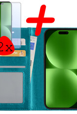 BASEY. Hoes Geschikt voor iPhone 15 Pro Max Hoesje Bookcase Hoes Flip Case Book Cover Met 2x Screenprotector - Hoesje Geschikt voor iPhone 15 Pro Max Hoes Book Case Hoesje - Turquoise