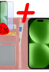BASEY. Hoes Geschikt voor iPhone 15 Pro Max Hoesje Bookcase Hoes Flip Case Book Cover Met 2x Screenprotector - Hoesje Geschikt voor iPhone 15 Pro Max Hoes Book Case Hoesje - Rosé goud