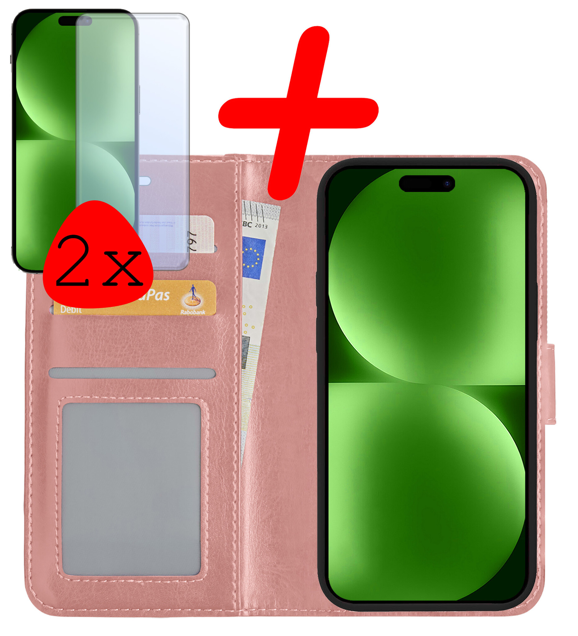BASEY. Hoes Geschikt voor iPhone 15 Pro Max Hoesje Bookcase Hoes Flip Case Book Cover Met 2x Screenprotector - Hoesje Geschikt voor iPhone 15 Pro Max Hoes Book Case Hoesje - Rosé goud