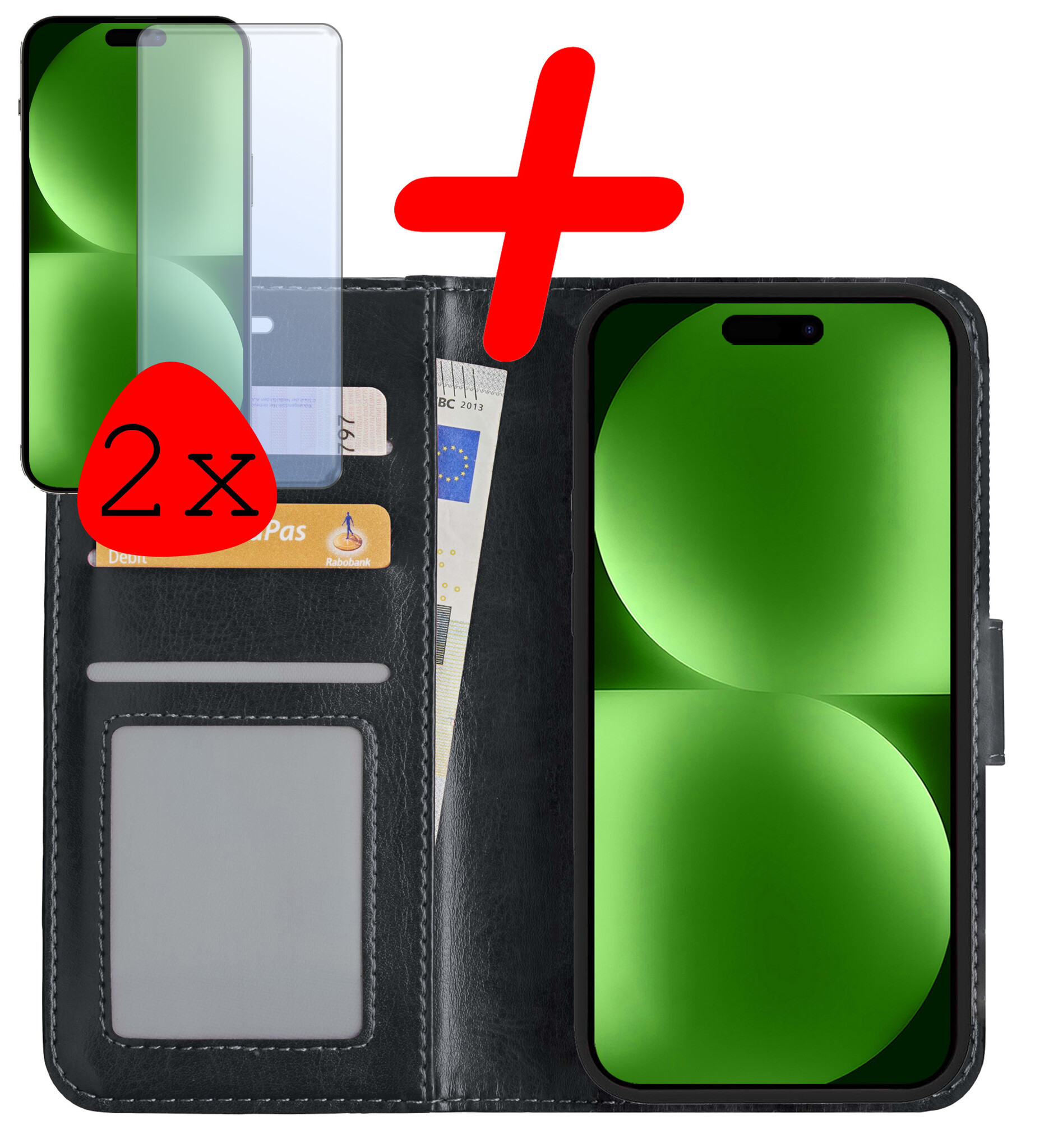 BASEY. Hoes Geschikt voor iPhone 15 Hoesje Bookcase Hoes Flip Case Book Cover Met 2x Screenprotector - Hoesje Geschikt voor iPhone 15 Hoes Book Case Hoesje - Zwart