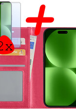 BASEY. Hoes Geschikt voor iPhone 15 Pro Max Hoesje Bookcase Hoes Flip Case Book Cover Met 2x Screenprotector - Hoesje Geschikt voor iPhone 15 Pro Max Hoes Book Case Hoesje - Donkerroze