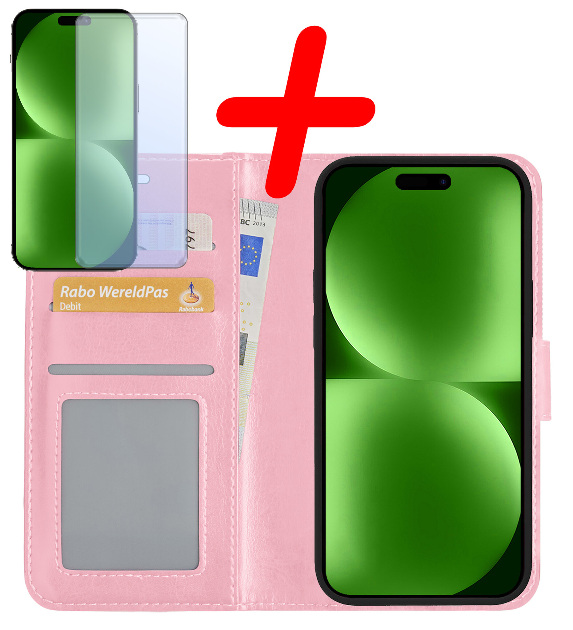 BASEY. Hoes Geschikt voor iPhone 15 Plus Hoesje Bookcase Hoes Flip Case Book Cover Met Screenprotector - Hoesje Geschikt voor iPhone 15 Plus Hoes Book Case Hoesje - Lichtroze