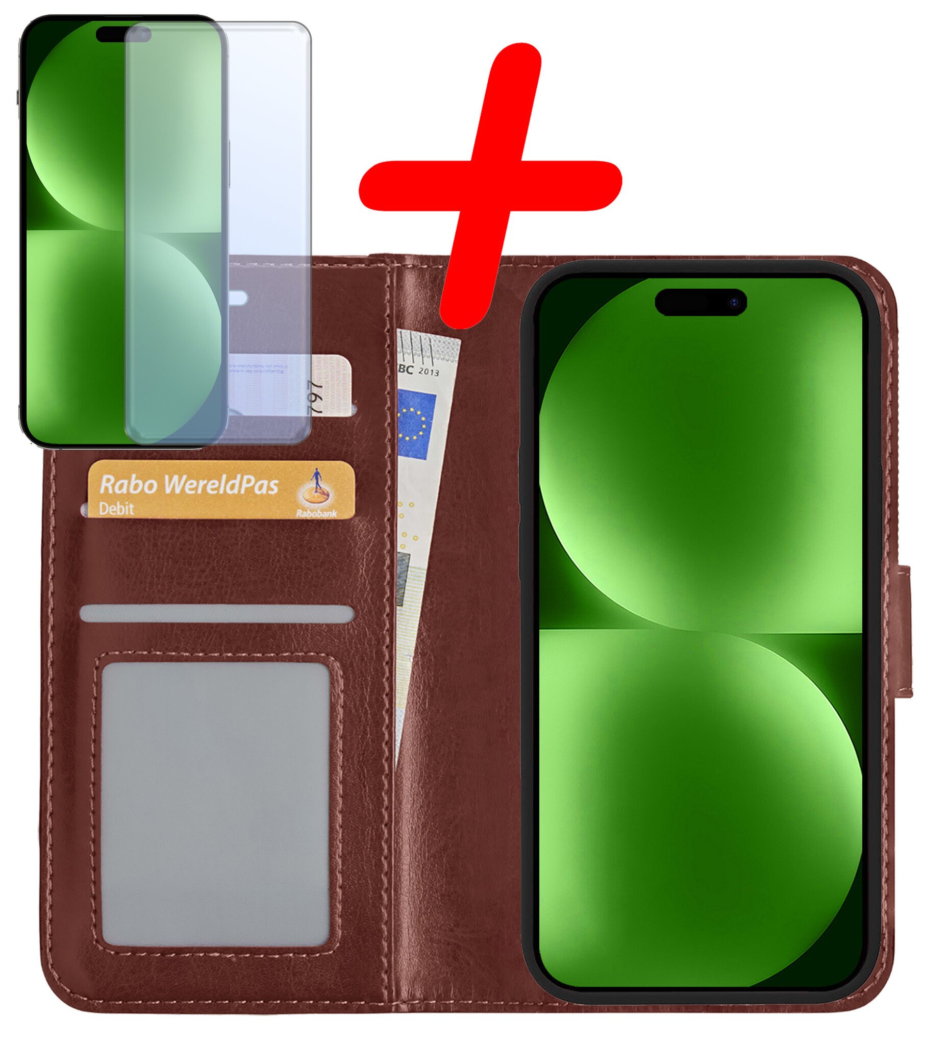 BASEY. Hoes Geschikt voor iPhone 15 Pro Max Hoesje Bookcase Hoes Flip Case Book Cover Met Screenprotector - Hoesje Geschikt voor iPhone 15 Pro Max Hoes Book Case Hoesje - Bruin