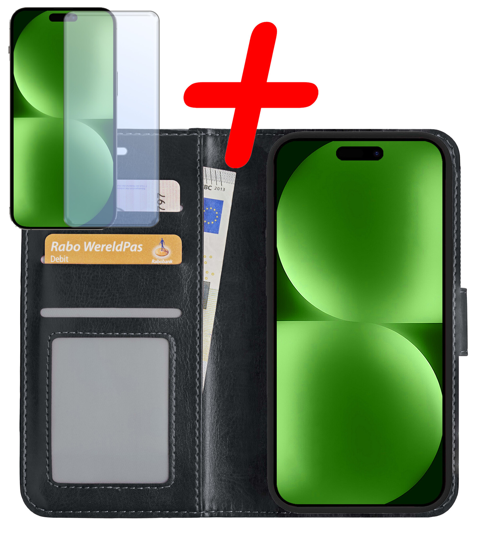 BASEY. Hoes Geschikt voor iPhone 15 Plus Hoesje Bookcase Hoes Flip Case Book Cover Met Screenprotector - Hoesje Geschikt voor iPhone 15 Plus Hoes Book Case Hoesje - Zwart