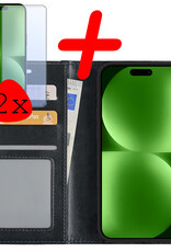 BASEY. Hoes Geschikt voor iPhone 15 Pro Hoesje Bookcase Hoes Flip Case Book Cover Met 2x Screenprotector - Hoesje Geschikt voor iPhone 15 Pro Hoes Book Case Hoesje - Zwart