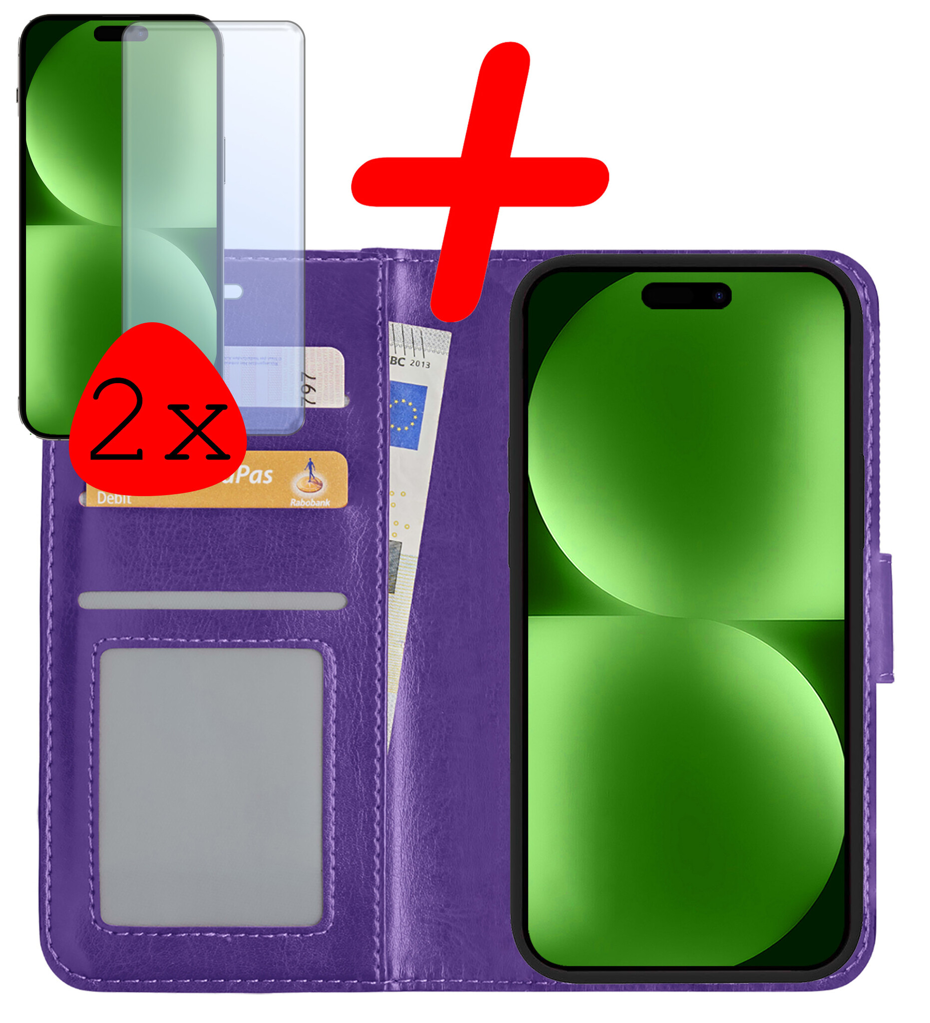 BASEY. Hoes Geschikt voor iPhone 15 Pro Hoesje Bookcase Hoes Flip Case Book Cover Met 2x Screenprotector - Hoesje Geschikt voor iPhone 15 Pro Hoes Book Case Hoesje - Paars