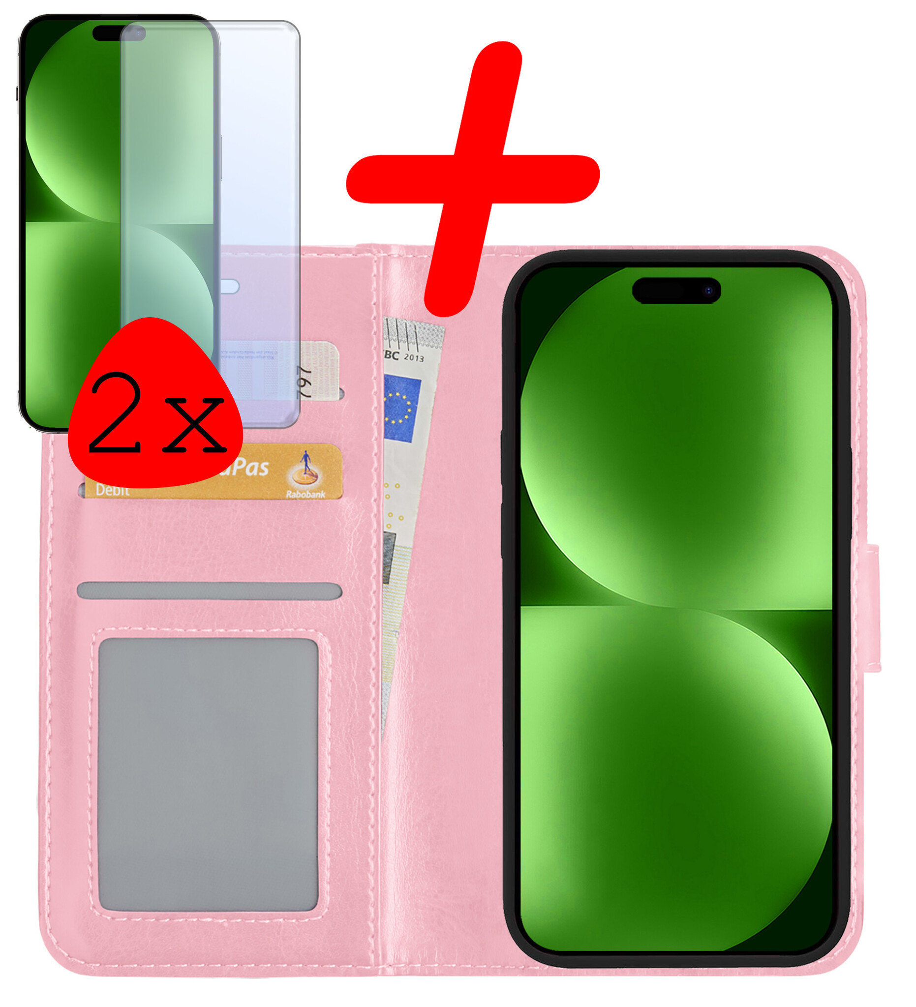 BASEY. Hoes Geschikt voor iPhone 15 Pro Hoesje Bookcase Hoes Flip Case Book Cover Met 2x Screenprotector - Hoesje Geschikt voor iPhone 15 Pro Hoes Book Case Hoesje - Lichtroze