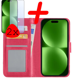 BASEY. BASEY. iPhone 15 Pro Hoesje Bookcase Met 2x Screenprotector - Donkerroze