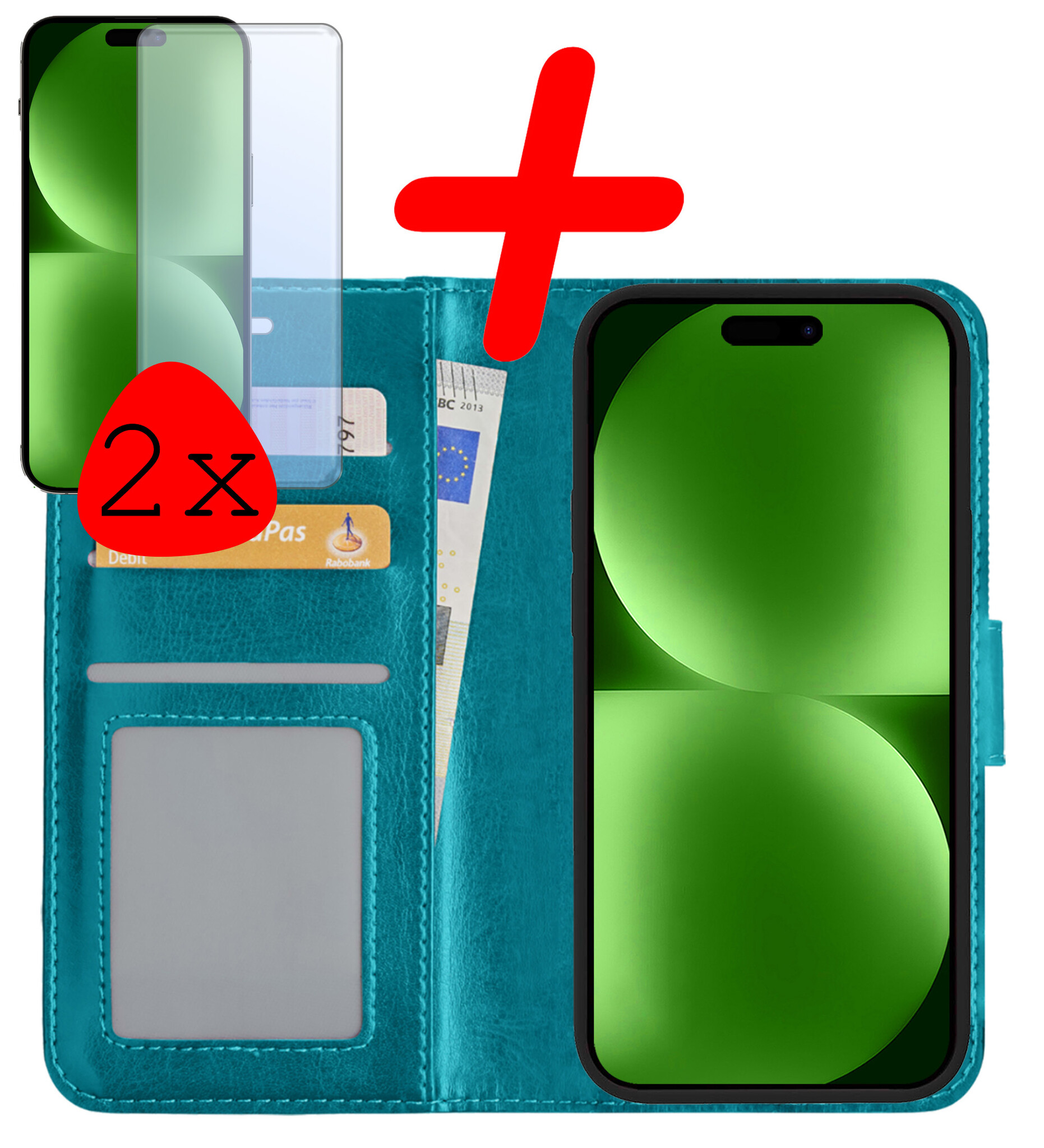BASEY. Hoes Geschikt voor iPhone 15 Plus Hoesje Bookcase Hoes Flip Case Book Cover Met 2x Screenprotector - Hoesje Geschikt voor iPhone 15 Plus Hoes Book Case Hoesje - Turquoise