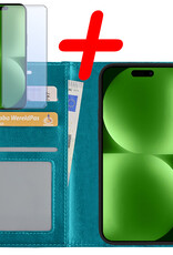 BASEY. Hoes Geschikt voor iPhone 15 Pro Hoesje Bookcase Hoes Flip Case Book Cover Met Screenprotector - Hoesje Geschikt voor iPhone 15 Pro Hoes Book Case Hoesje - Turquoise