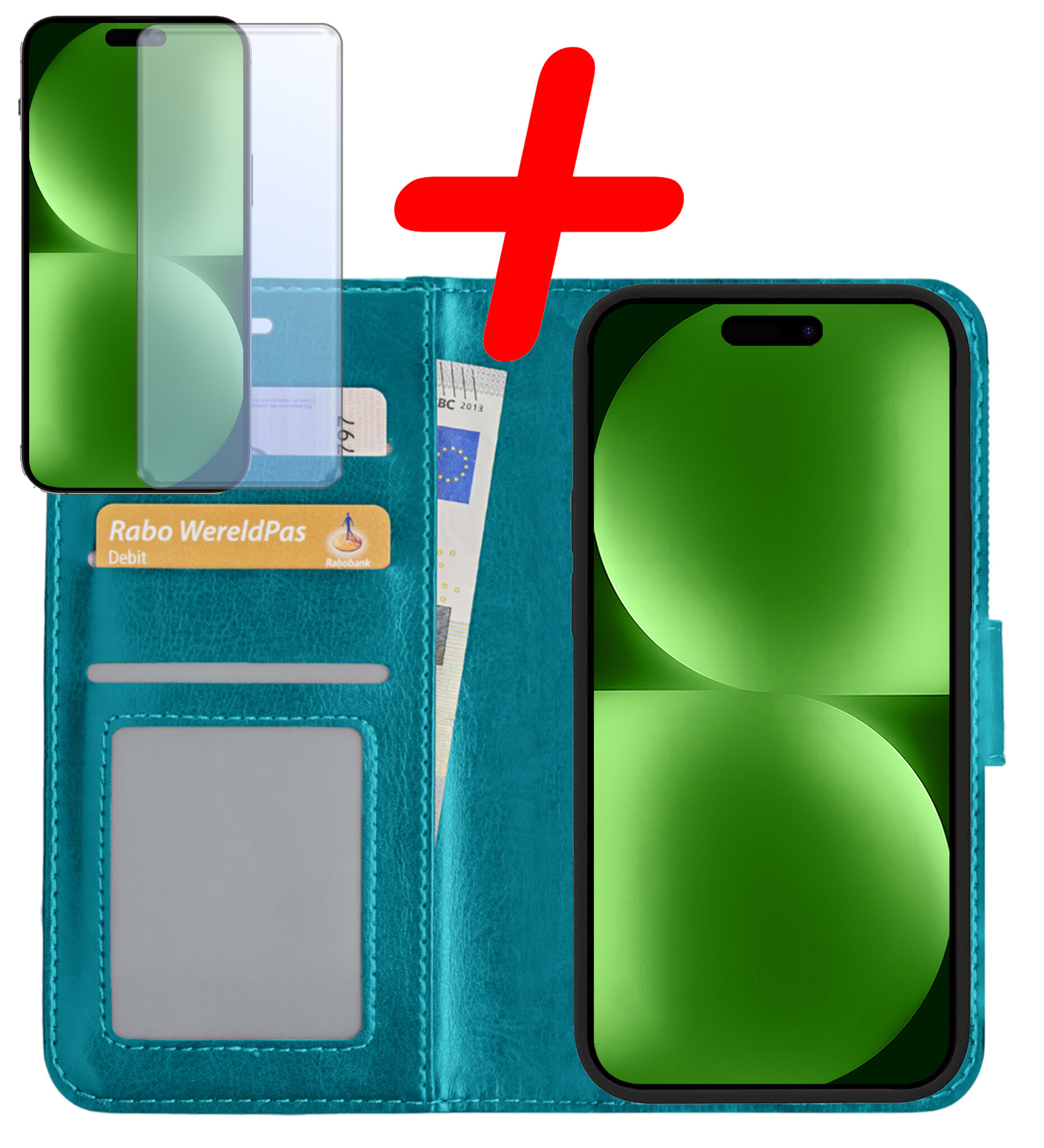 BASEY. Hoes Geschikt voor iPhone 15 Pro Hoesje Bookcase Hoes Flip Case Book Cover Met Screenprotector - Hoesje Geschikt voor iPhone 15 Pro Hoes Book Case Hoesje - Turquoise