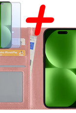 BASEY. Hoes Geschikt voor iPhone 15 Pro Hoesje Bookcase Hoes Flip Case Book Cover Met Screenprotector - Hoesje Geschikt voor iPhone 15 Pro Hoes Book Case Hoesje - Rosé goud