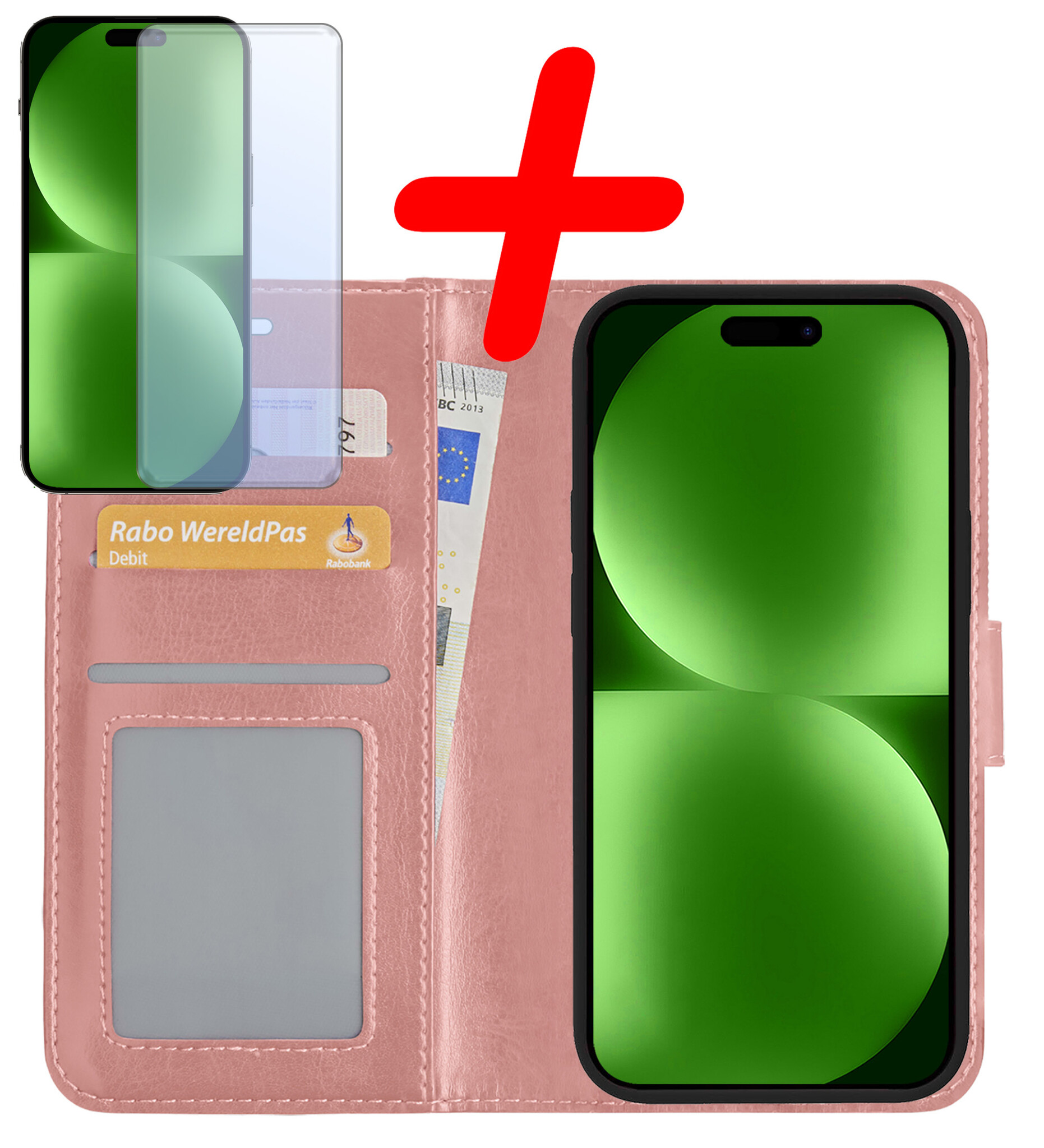 BASEY. Hoes Geschikt voor iPhone 15 Pro Hoesje Bookcase Hoes Flip Case Book Cover Met Screenprotector - Hoesje Geschikt voor iPhone 15 Pro Hoes Book Case Hoesje - Rosé goud