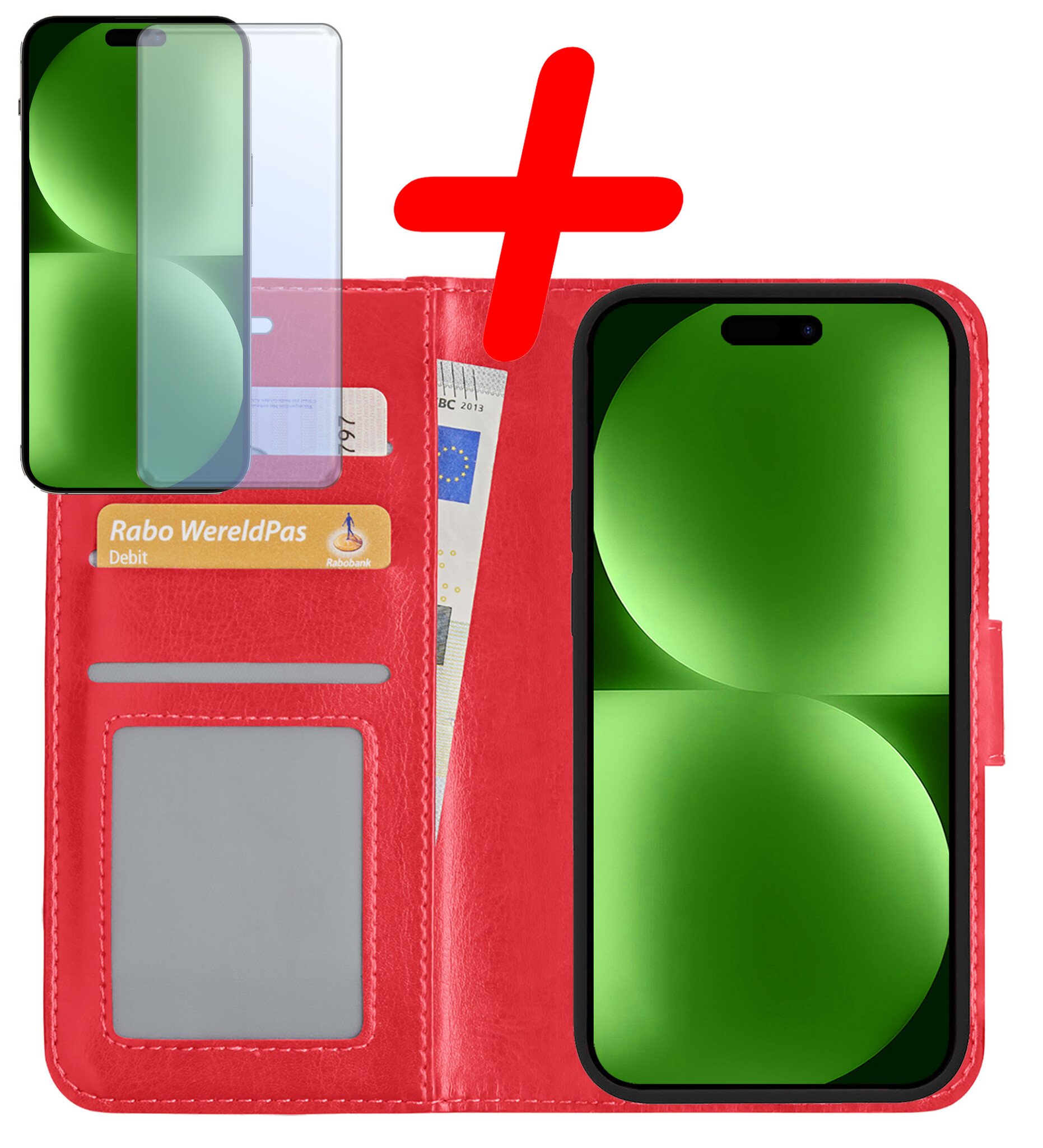 BASEY. Hoes Geschikt voor iPhone 15 Pro Hoesje Bookcase Hoes Flip Case Book Cover Met Screenprotector - Hoesje Geschikt voor iPhone 15 Pro Hoes Book Case Hoesje - Rood