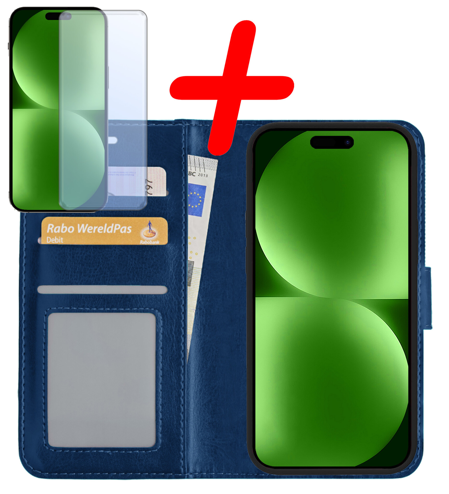 BASEY. Hoes Geschikt voor iPhone 15 Pro Hoesje Bookcase Hoes Flip Case Book Cover Met Screenprotector - Hoesje Geschikt voor iPhone 15 Pro Hoes Book Case Hoesje - Donkerblauw