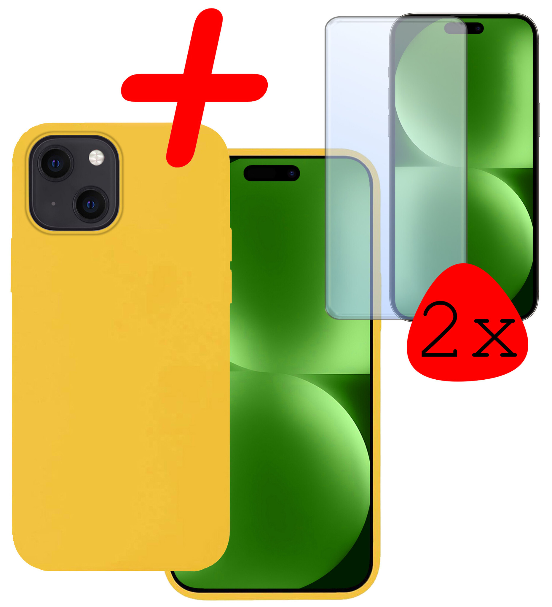 BASEY. Hoes Geschikt voor iPhone 15 Hoesje Siliconen Back Cover Case Met 2x Screenprotector - Hoesje Geschikt voor iPhone 15 Hoes Cover Hoesje - Geel