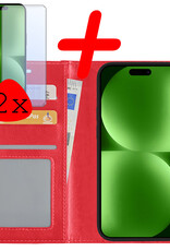 BASEY. Hoes Geschikt voor iPhone 15 Plus Hoesje Bookcase Hoes Flip Case Book Cover Met 2x Screenprotector - Hoesje Geschikt voor iPhone 15 Plus Hoes Book Case Hoesje - Rood