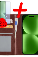 BASEY. Hoes Geschikt voor iPhone 15 Plus Hoesje Bookcase Hoes Flip Case Book Cover Met 2x Screenprotector - Hoesje Geschikt voor iPhone 15 Plus Hoes Book Case Hoesje - Bruin