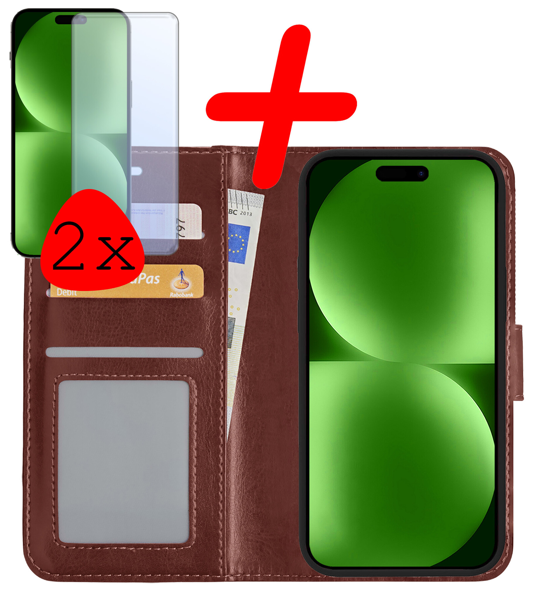 BASEY. Hoes Geschikt voor iPhone 15 Plus Hoesje Bookcase Hoes Flip Case Book Cover Met 2x Screenprotector - Hoesje Geschikt voor iPhone 15 Plus Hoes Book Case Hoesje - Bruin
