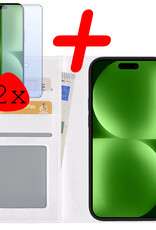 BASEY. Hoes Geschikt voor iPhone 15 Hoesje Bookcase Hoes Flip Case Book Cover Met 2x Screenprotector - Hoesje Geschikt voor iPhone 15 Hoes Book Case Hoesje - Wit