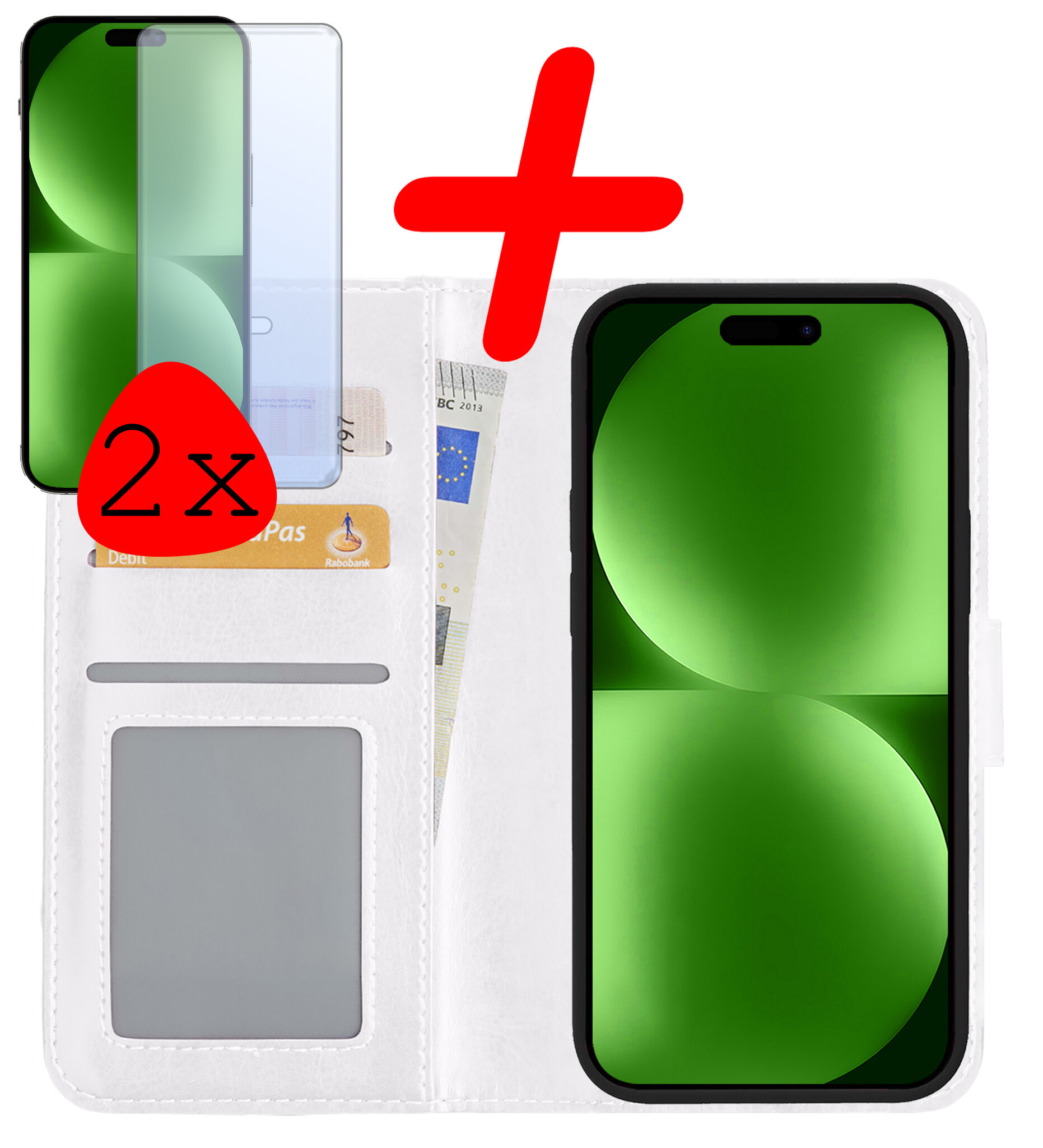 BASEY. Hoes Geschikt voor iPhone 15 Hoesje Bookcase Hoes Flip Case Book Cover Met 2x Screenprotector - Hoesje Geschikt voor iPhone 15 Hoes Book Case Hoesje - Wit