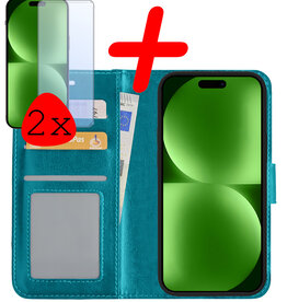 BASEY. BASEY. iPhone 15 Hoesje Bookcase Met 2x Screenprotector - Turquoise