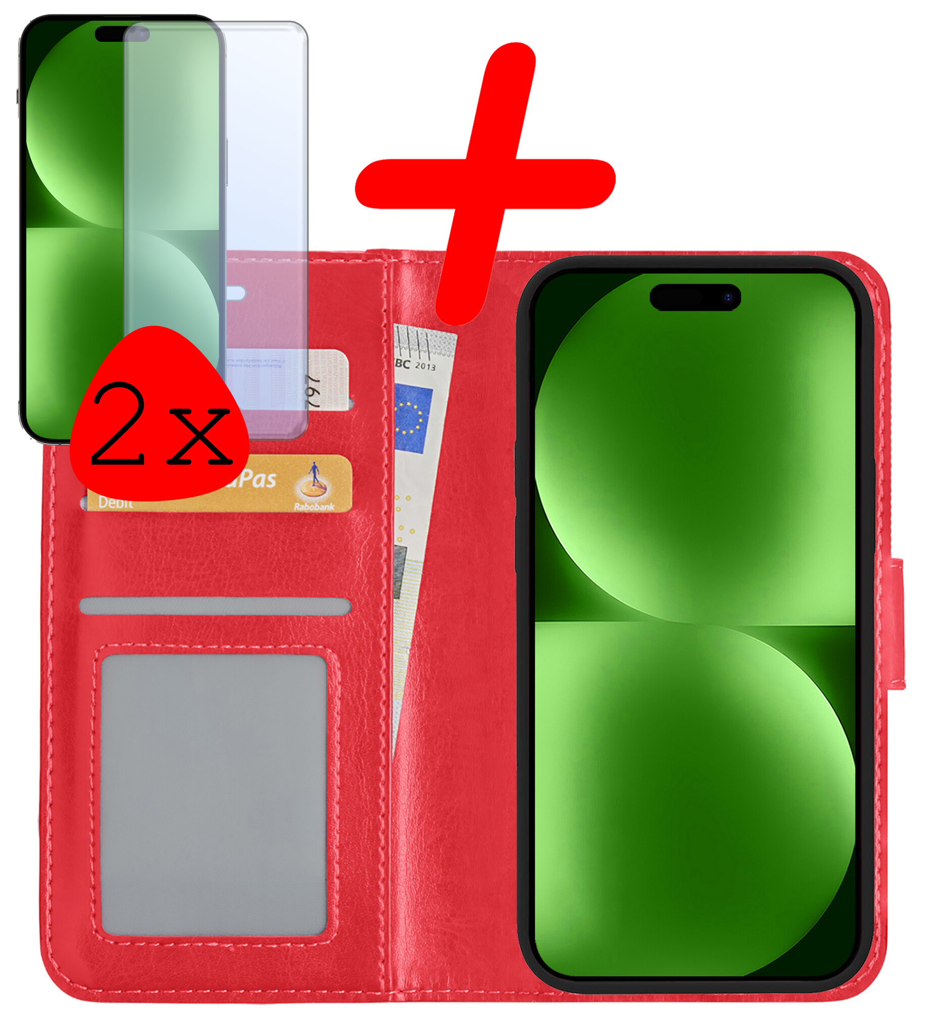BASEY. Hoes Geschikt voor iPhone 15 Hoesje Bookcase Hoes Flip Case Book Cover Met 2x Screenprotector - Hoesje Geschikt voor iPhone 15 Hoes Book Case Hoesje - Rood