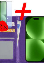 BASEY. Hoes Geschikt voor iPhone 15 Hoesje Bookcase Hoes Flip Case Book Cover Met 2x Screenprotector - Hoesje Geschikt voor iPhone 15 Hoes Book Case Hoesje - Paars