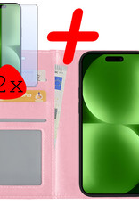 BASEY. Hoes Geschikt voor iPhone 15 Hoesje Bookcase Hoes Flip Case Book Cover Met 2x Screenprotector - Hoesje Geschikt voor iPhone 15 Hoes Book Case Hoesje - Lichtroze