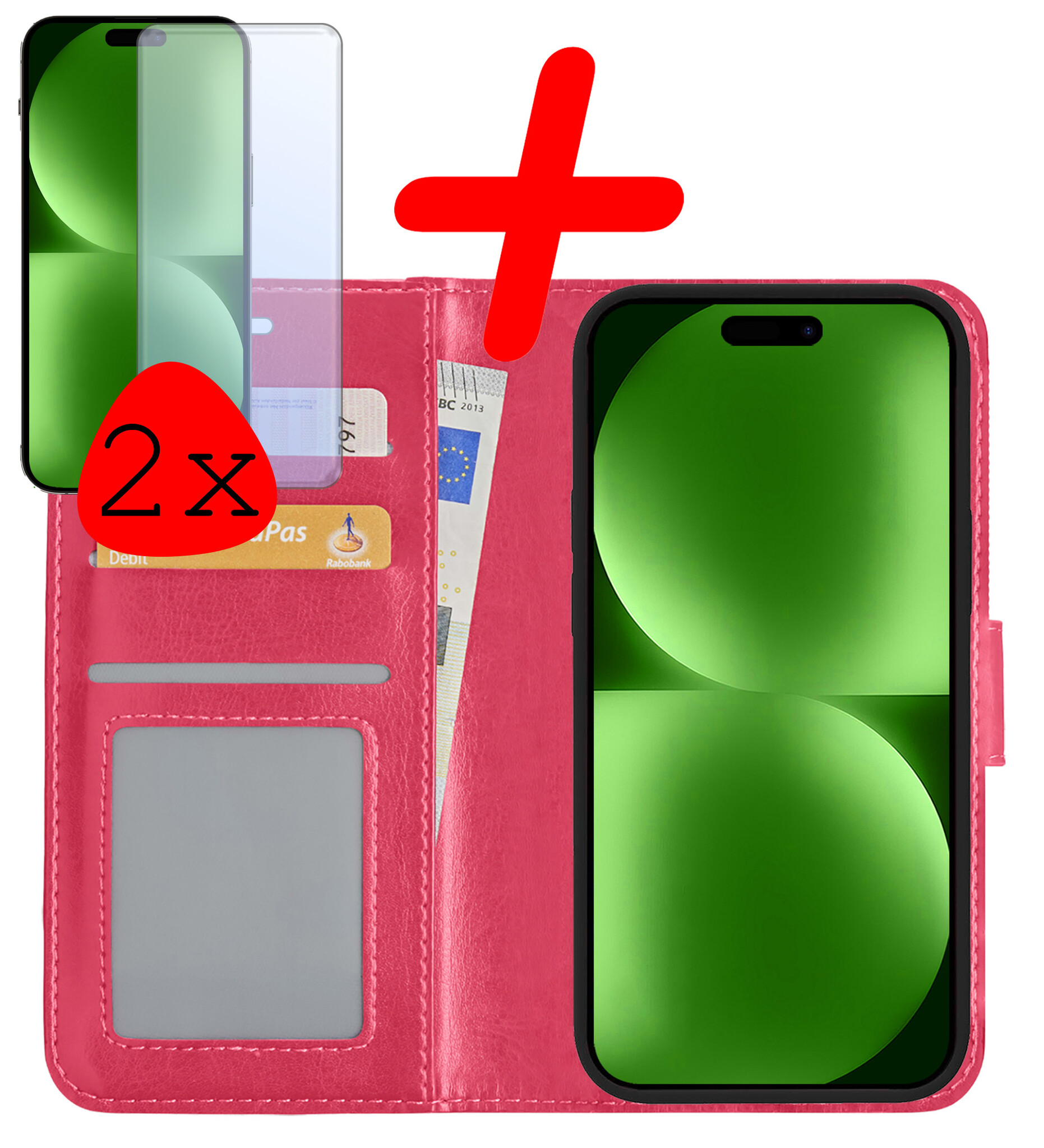 BASEY. Hoes Geschikt voor iPhone 15 Hoesje Bookcase Hoes Flip Case Book Cover Met 2x Screenprotector - Hoesje Geschikt voor iPhone 15 Hoes Book Case Hoesje - Donkerroze