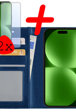 BASEY. Hoes Geschikt voor iPhone 15 Hoesje Bookcase Hoes Flip Case Book Cover Met 2x Screenprotector - Hoesje Geschikt voor iPhone 15 Hoes Book Case Hoesje - Donkerblauw