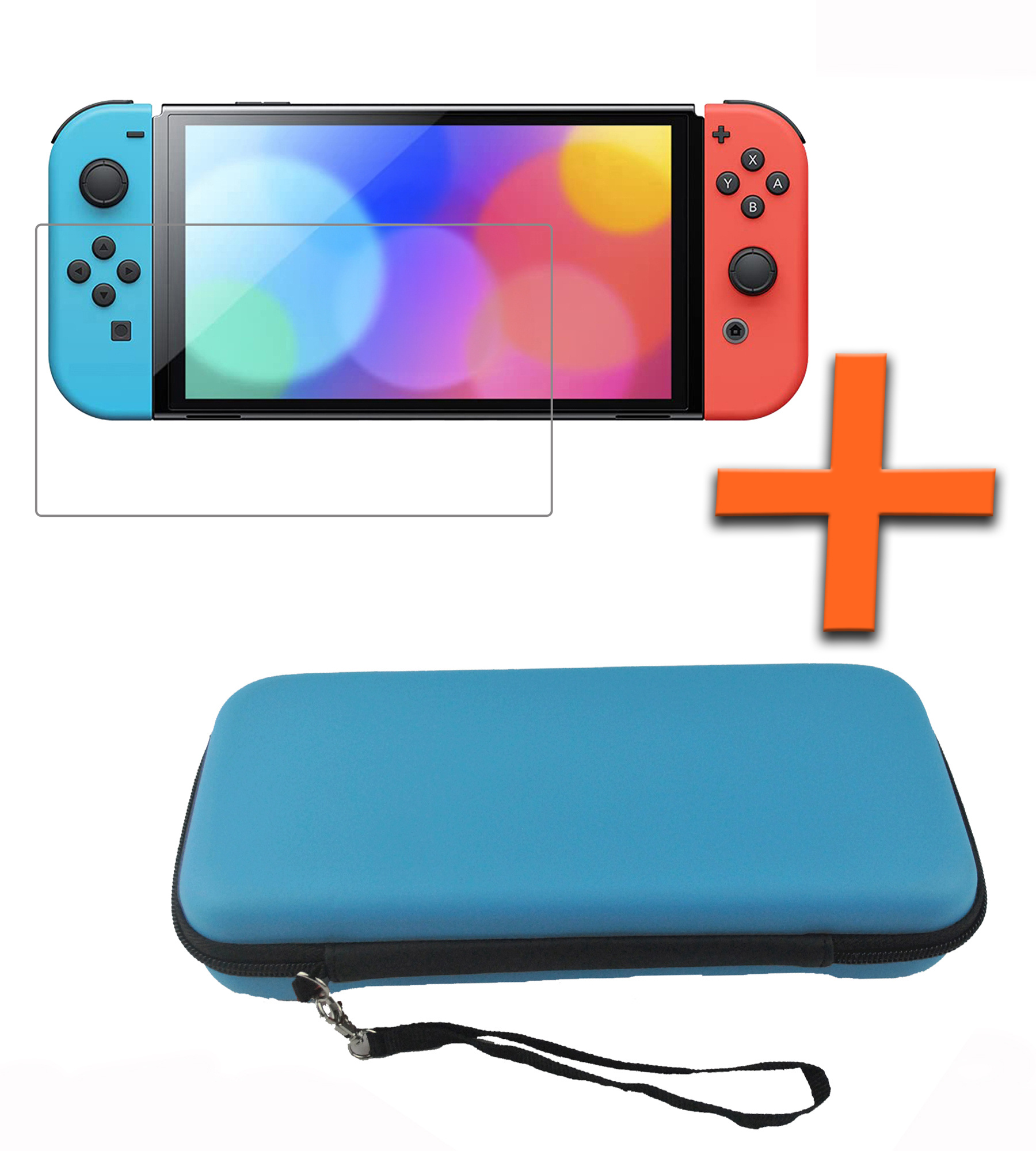 Nomfy Hoesje Geschikt voor Nintendo Switch OLED Hoes Bescherm Case Hardcover Polsbandje Met Screenprotector - Hoes Geschikt voor Nintendo Switch OLED Case - Blauw