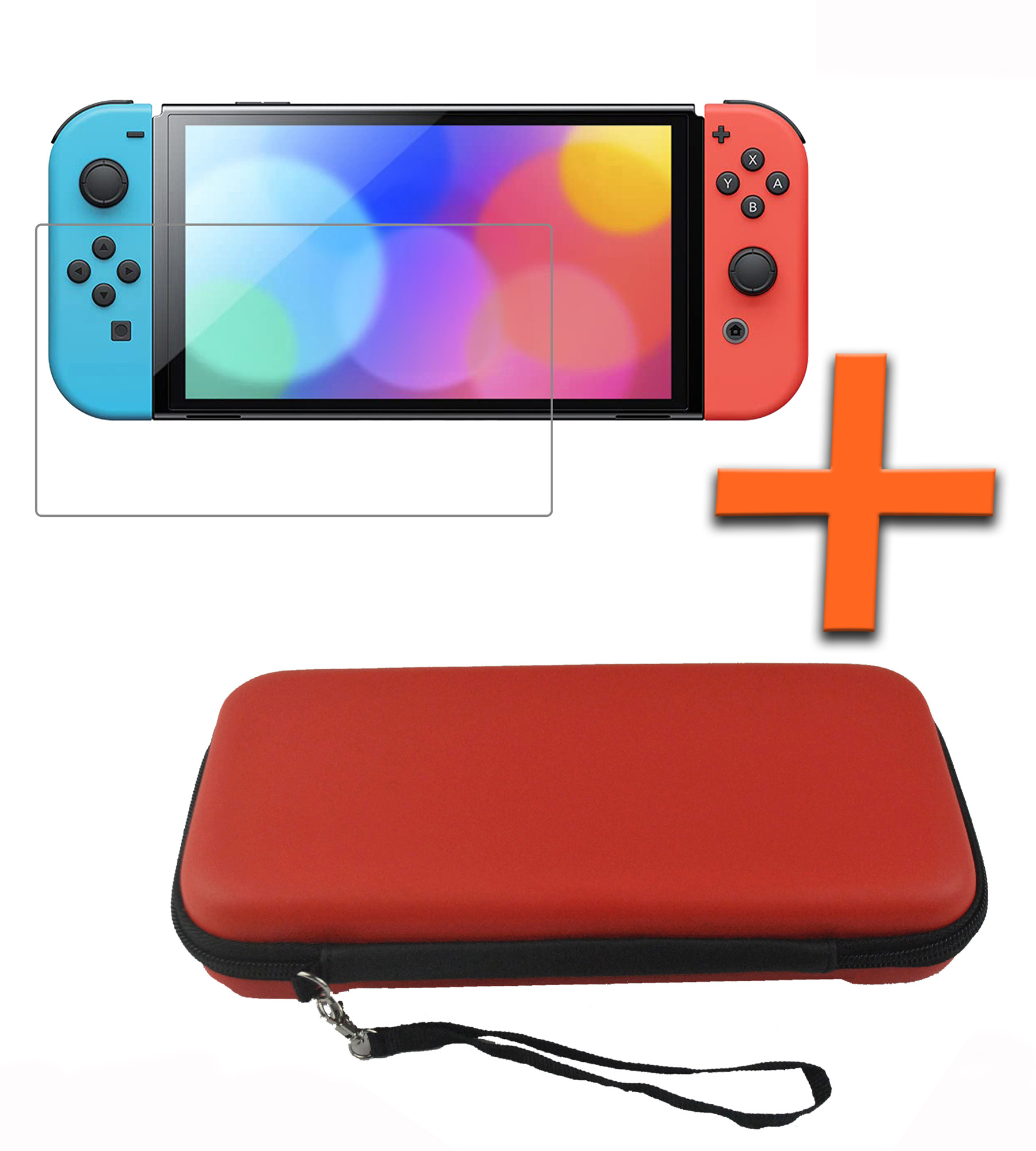 Nomfy Hoesje Geschikt voor Nintendo Switch OLED Hoes Bescherm Case Hardcover Polsbandje Met Screenprotector - Hoes Geschikt voor Nintendo Switch OLED Case - Rood