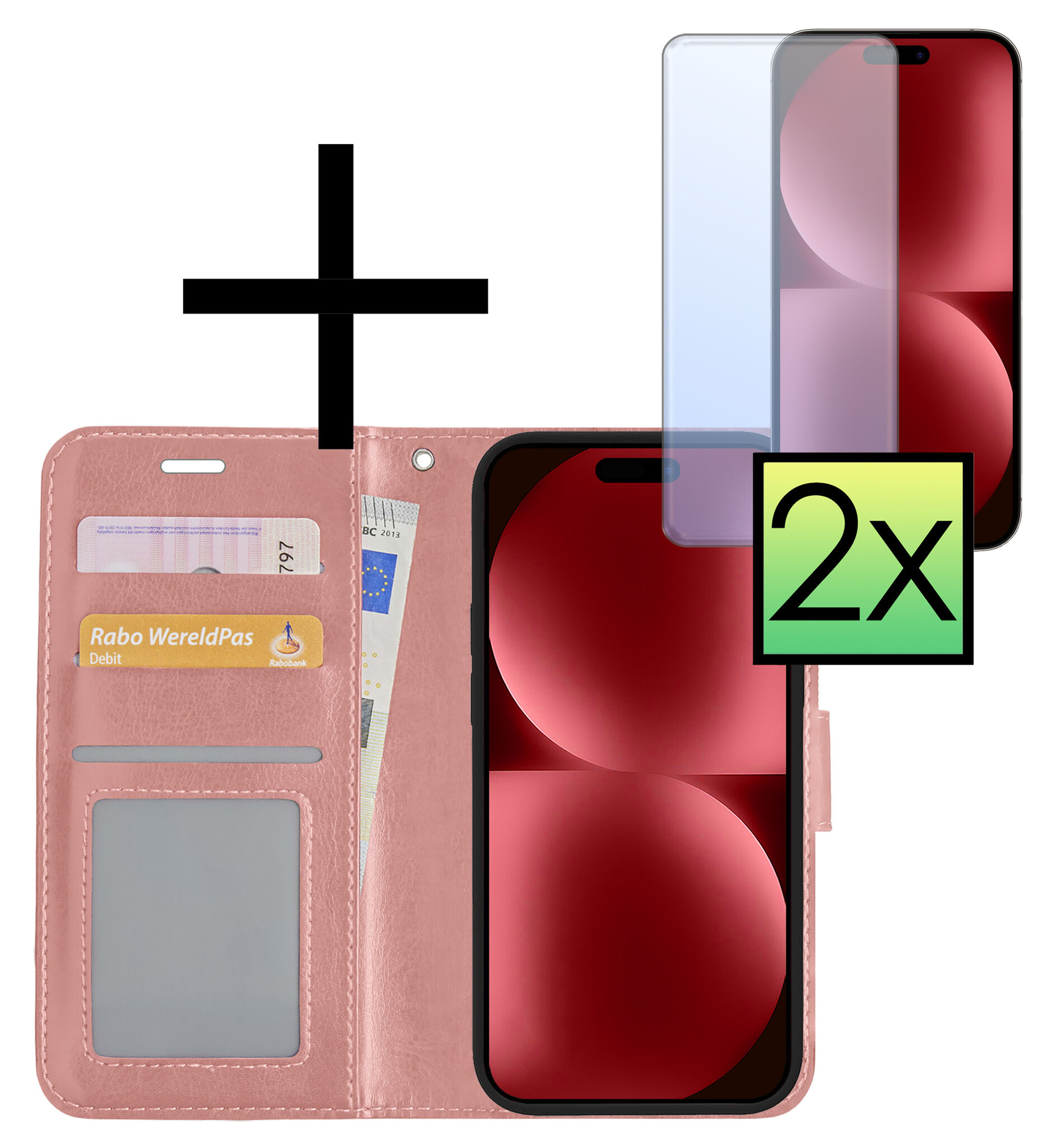 NoXx Hoes Geschikt voor iPhone 15 Hoesje Book Case Hoes Flip Cover Wallet Bookcase Met 2x Screenprotector - Rosé goud