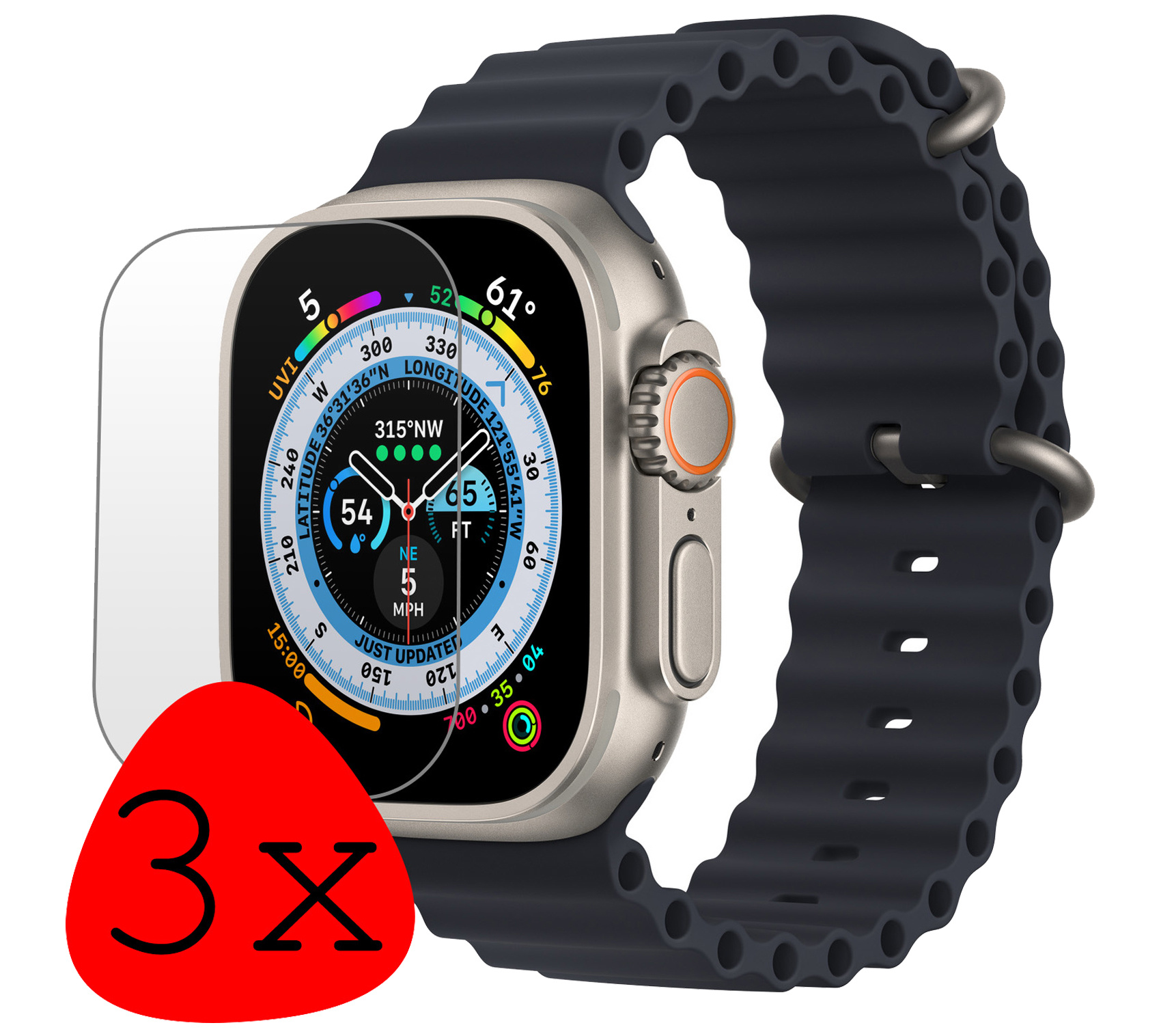 BASEY. Screenprotector Geschikt voor Apple Watch Ultra 2 Screenprotector Tempered Glass Beschermglas - Screenprotector Geschikt voor Apple Watch Ultra 2 (49 mm) Screen Protector - 3 Stuks