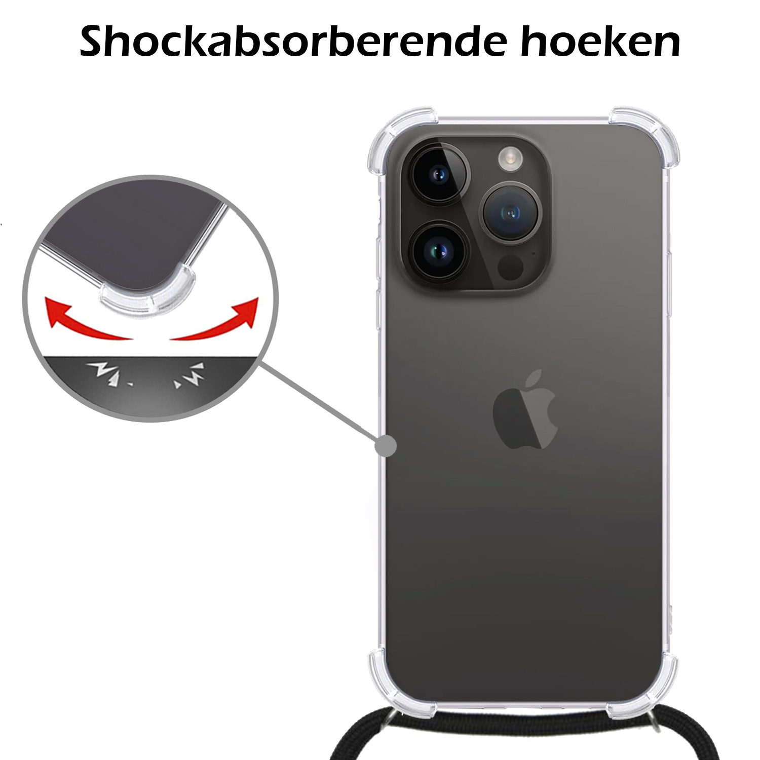 Nomfy Hoesje Geschikt voor iPhone 15 Pro Hoesje Shock Proof Transparant Met Telefoonketting Case Shock Koord - Hoesje Geschikt voor iPhone 15 Pro Shock Proof Case Met Koord - Transparant