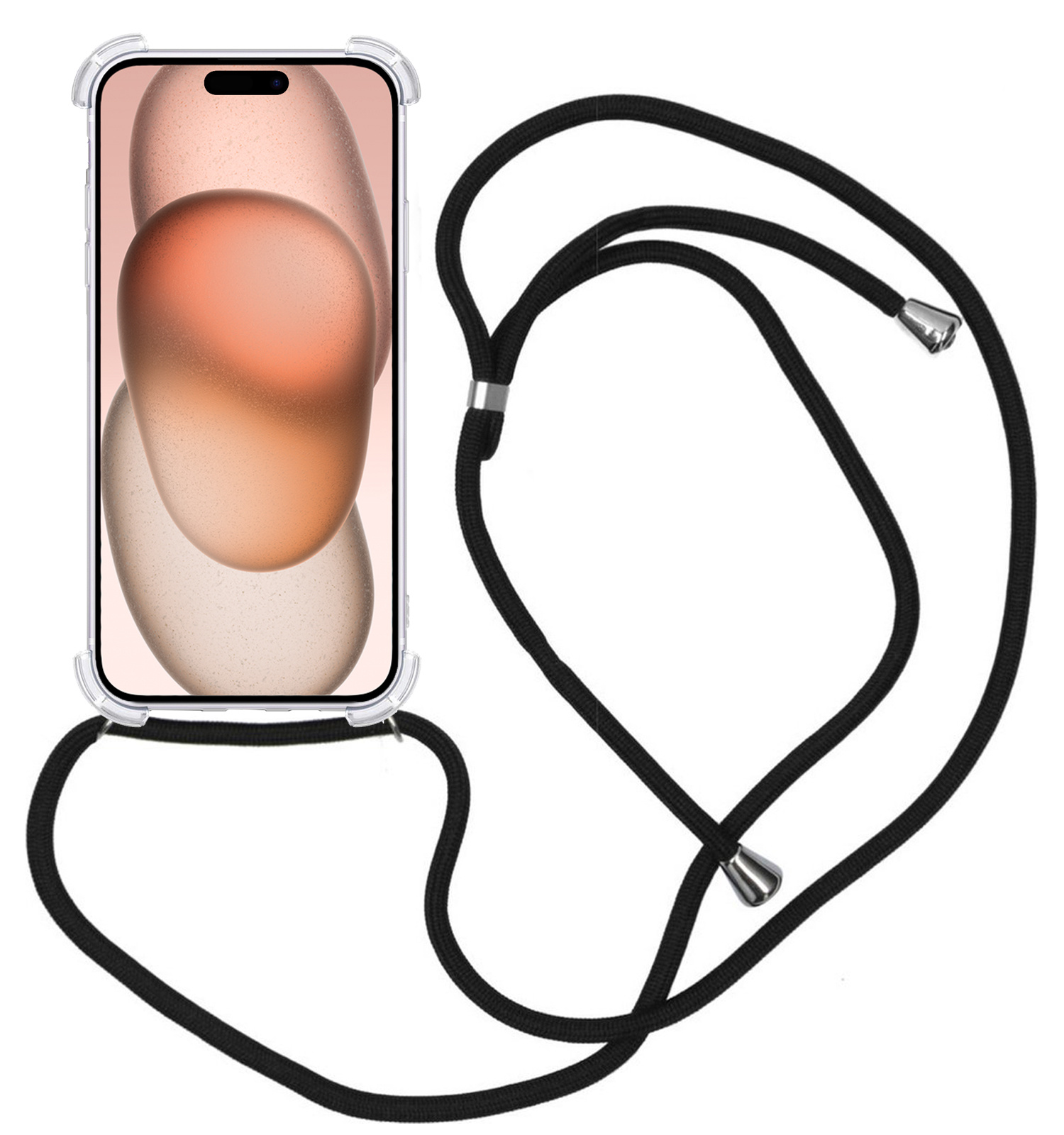Nomfy Hoesje Geschikt voor iPhone 15 Plus Hoesje Shock Proof Transparant Met Telefoonketting Case Shock Koord - Hoesje Geschikt voor iPhone 15 Plus Shock Proof Case Met Koord - Transparant