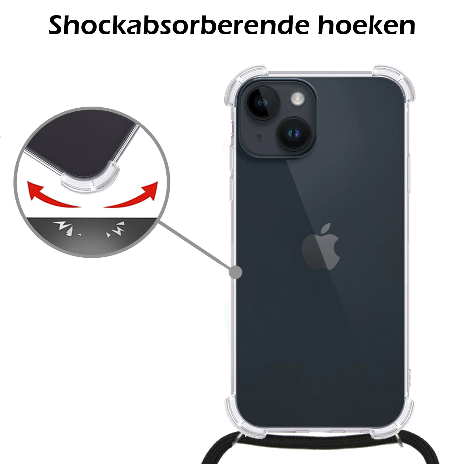 Nomfy Hoesje Geschikt voor iPhone 15 Plus Hoesje Shock Proof Transparant Met Telefoonketting Case Shock Koord - Hoesje Geschikt voor iPhone 15 Plus Shock Proof Case Met Koord - Transparant