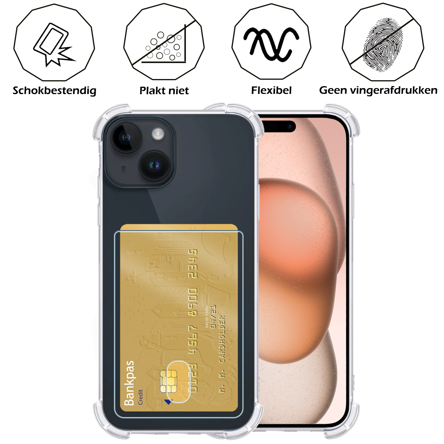 Nomfy Hoesje Geschikt voor iPhone 15 Hoesje Pasjeshouder Shockproof Pas Houder - Hoesje Geschikt voor iPhone 15 Hoes Met Kaarthouder - Transparant