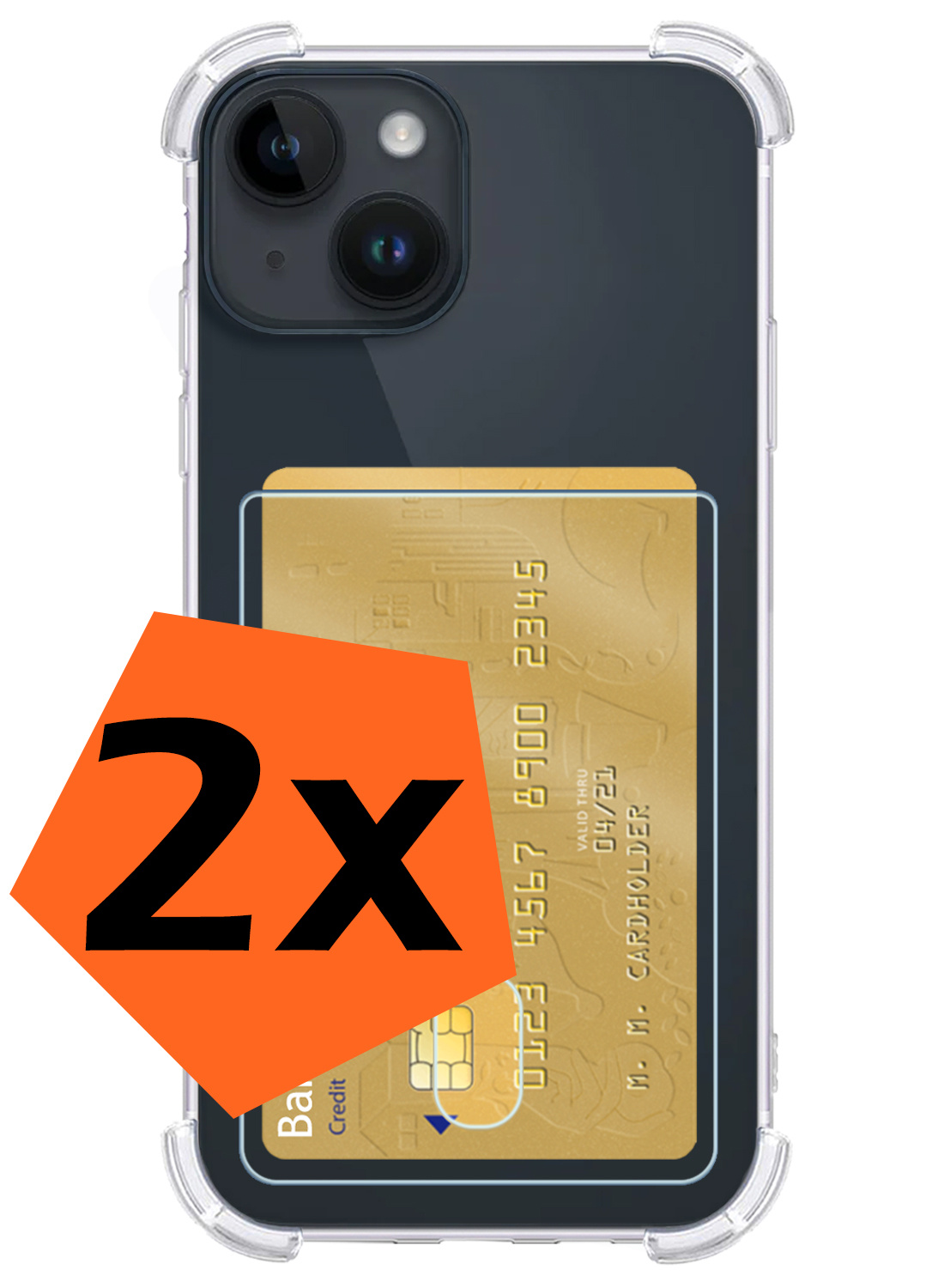 Nomfy Hoesje Geschikt voor iPhone 15 Hoesje Pasjeshouder Shockproof Pas Houder - Hoesje Geschikt voor iPhone 15 Hoes Met Kaarthouder - Transparant - 2 PACK