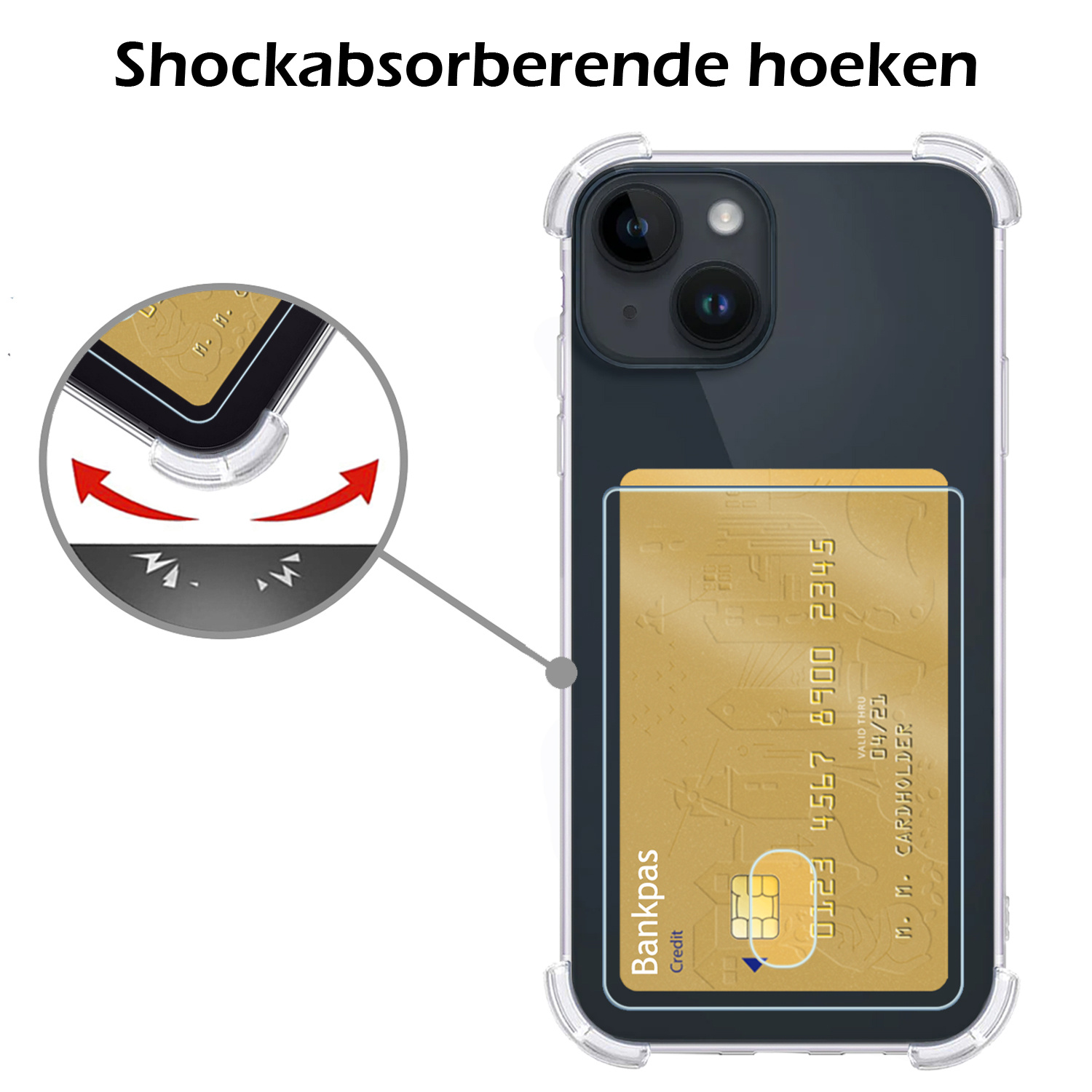Nomfy Hoesje Geschikt voor iPhone 15 Hoesje Pasjeshouder Shockproof Pas Houder - Hoesje Geschikt voor iPhone 15 Hoes Met Kaarthouder - Transparant - 2 PACK