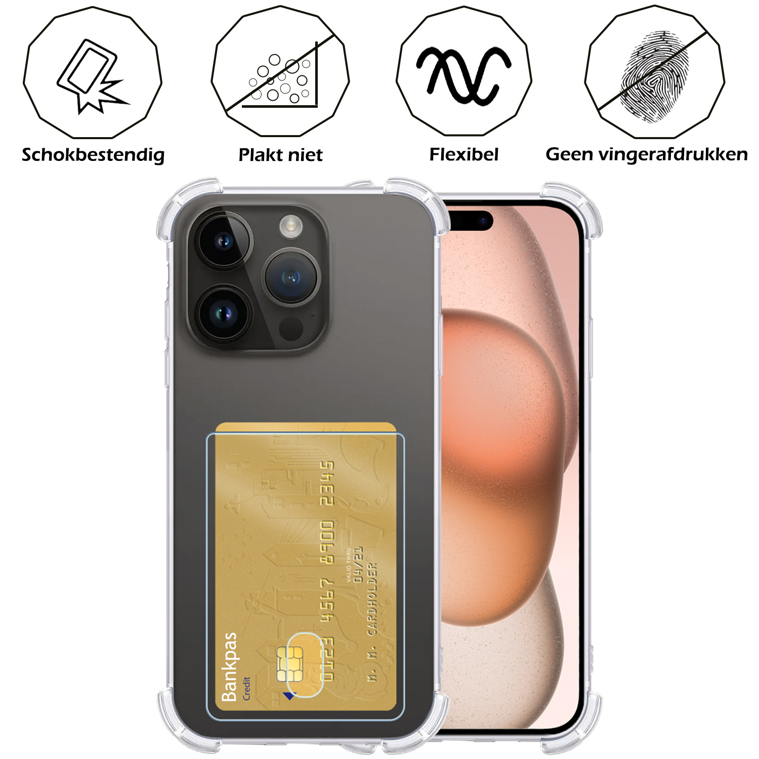 Nomfy Hoesje Geschikt voor iPhone 15 Pro Hoesje Pasjeshouder Shockproof Pas Houder - Hoesje Geschikt voor iPhone 15 Pro Hoes Met Kaarthouder - Transparant - 2 PACK