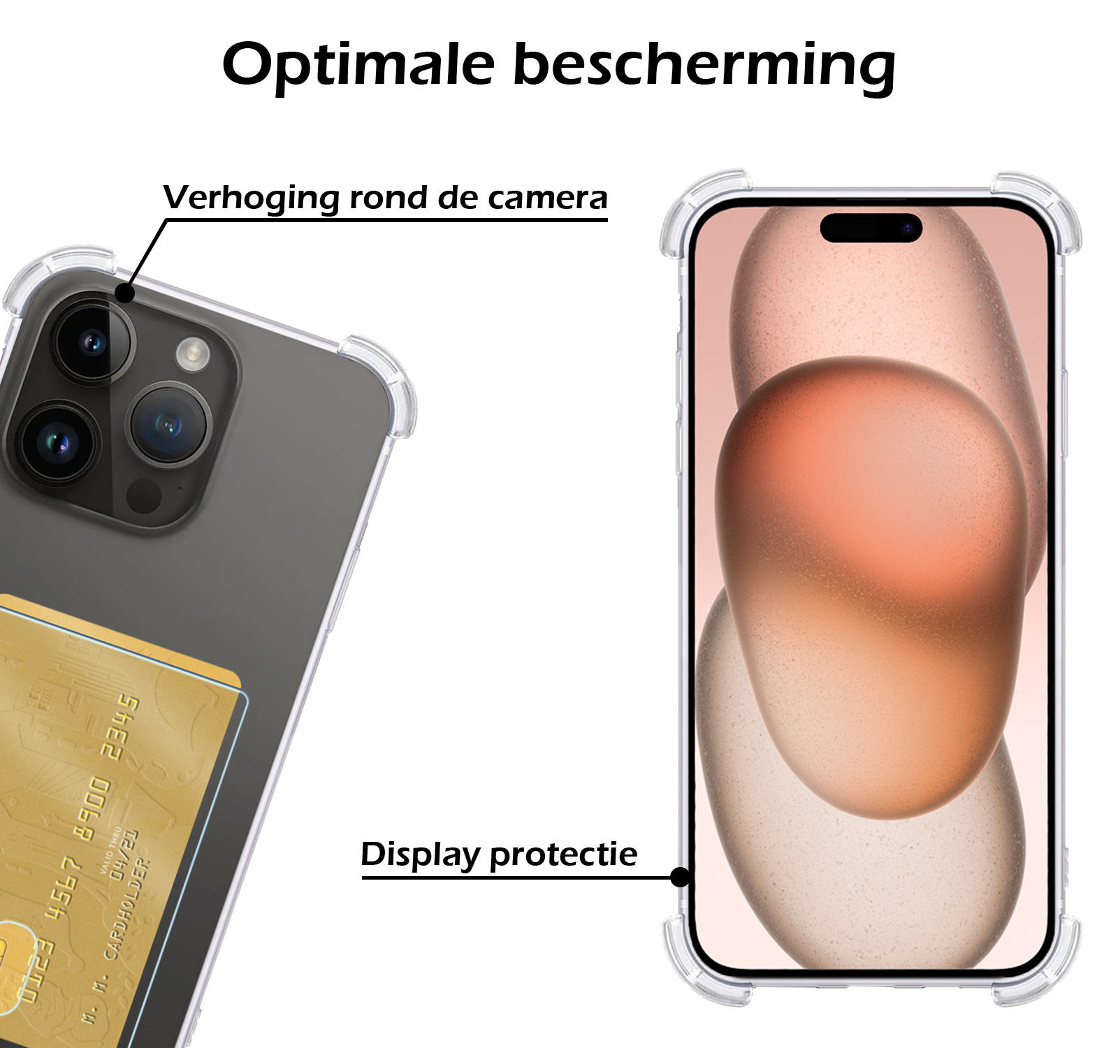 Nomfy Hoesje Geschikt voor iPhone 15 Pro Max Hoesje Pasjeshouder Shockproof Pas Houder - Hoesje Geschikt voor iPhone 15 Pro Max Hoes Met Kaarthouder - Transparant - 2 PACK