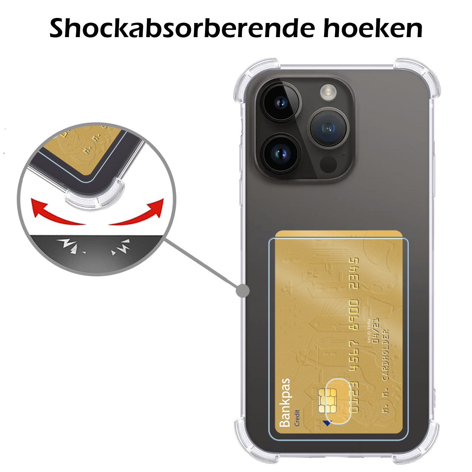Nomfy Hoesje Geschikt voor iPhone 15 Pro Max Hoesje Pasjeshouder Shockproof Pas Houder - Hoesje Geschikt voor iPhone 15 Pro Max Hoes Met Kaarthouder - Transparant - 2 PACK