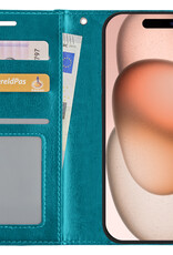 Nomfy Hoesje Geschikt voor iPhone 15 Hoes Bookcase Flipcase Book Cover - Hoes Geschikt voor iPhone 15 Hoesje Book Case - Turquoise