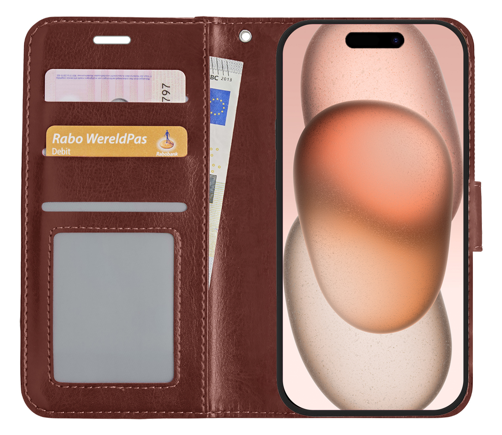 Nomfy Hoesje Geschikt voor iPhone 15 Pro Hoes Bookcase Flipcase Book Cover - Hoes Geschikt voor iPhone 15 Pro Hoesje Book Case - Bruin